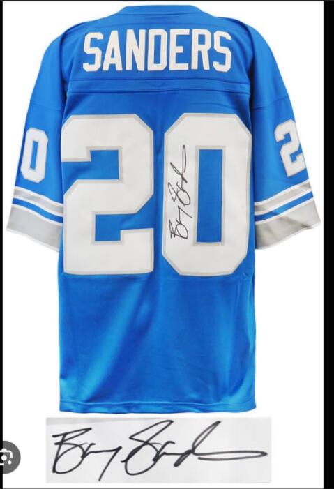 Men NFL Detroit Lions 20 Barry Sanders Signed Autographed blue jerseys